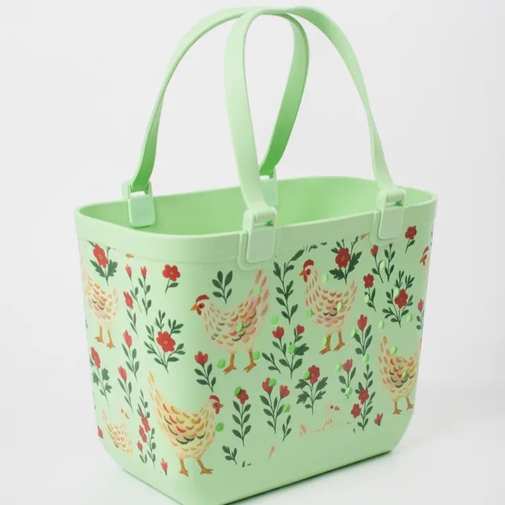 Green Chickens and Floral Rubber Beach Tote Bogg Style Bag
